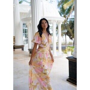 ALL ABOUT MAY Womens Size 2 Floral Cutout Maxi Dress Beachy Boho Puff Sleeve